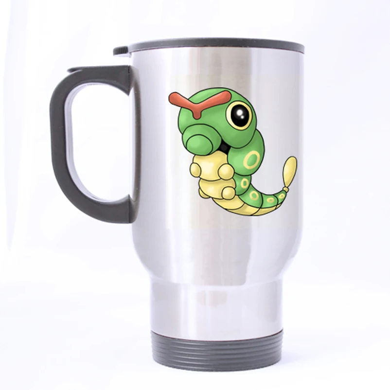 Cartoon Cute Green Caterpie Custom Design Silver Travel Mug Sports