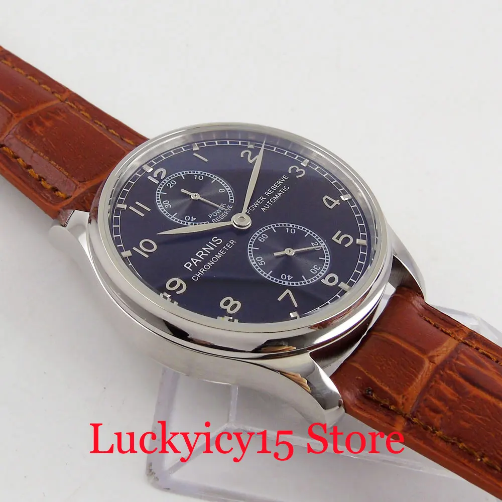 PARNIS автоматические мужские часы индикатор запаса мощности 43 мм коричневый кожаный ремешок