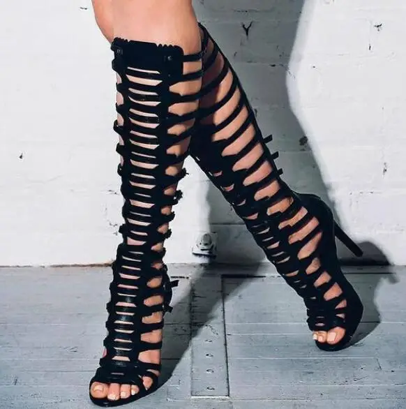 

Hot Sexy Fashion Gladiator Black PU Shoes Peep Toe Thin Heel Women's Shoes Cover Heels Big Size Women's Sandals