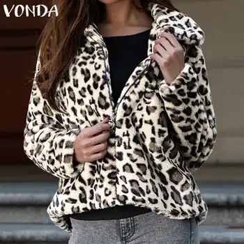 

VONDA Jackets Womens Coats Sexy Leopard Printed Zipper Overwear Winter Faux Fur Coat 2020 Autumn Warm Ladies Outerwear Plus Size