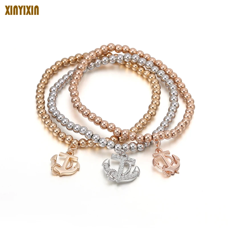 

Charm Anchor Crystal Pendant Bracelet Women Rose Gold Silver Rhinestone Elastic Bead Chain Bracelet Fashion Jewelry Gift 3pcs