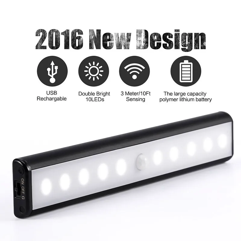 Motion Sensor Light USB Rechargeable 10 LED Lights for Wardrobe Stair Hallway Cabinet@8 WWO66