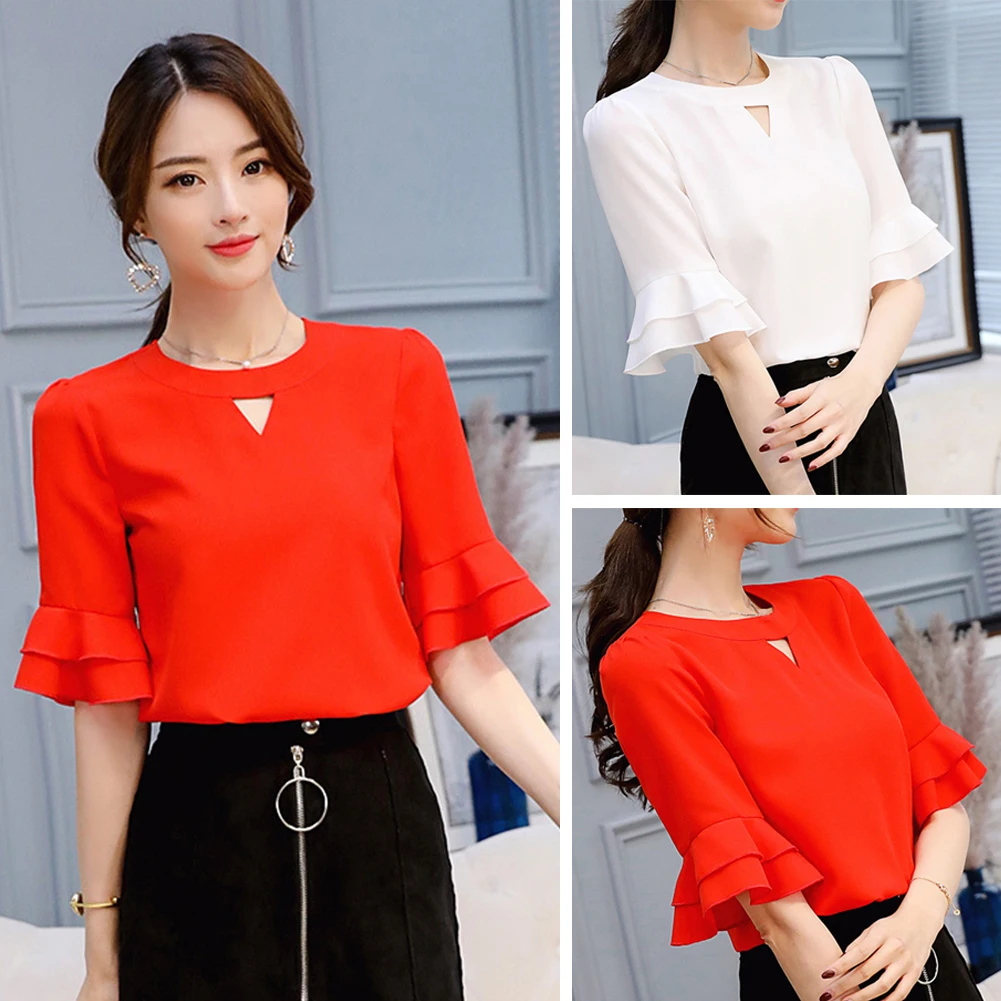 Women Elegant Blouse Fashion Summer Short Sleeve Office Ladies Shirts Plus  Size S-2XL Femme Casual White Red Tops Clothing new