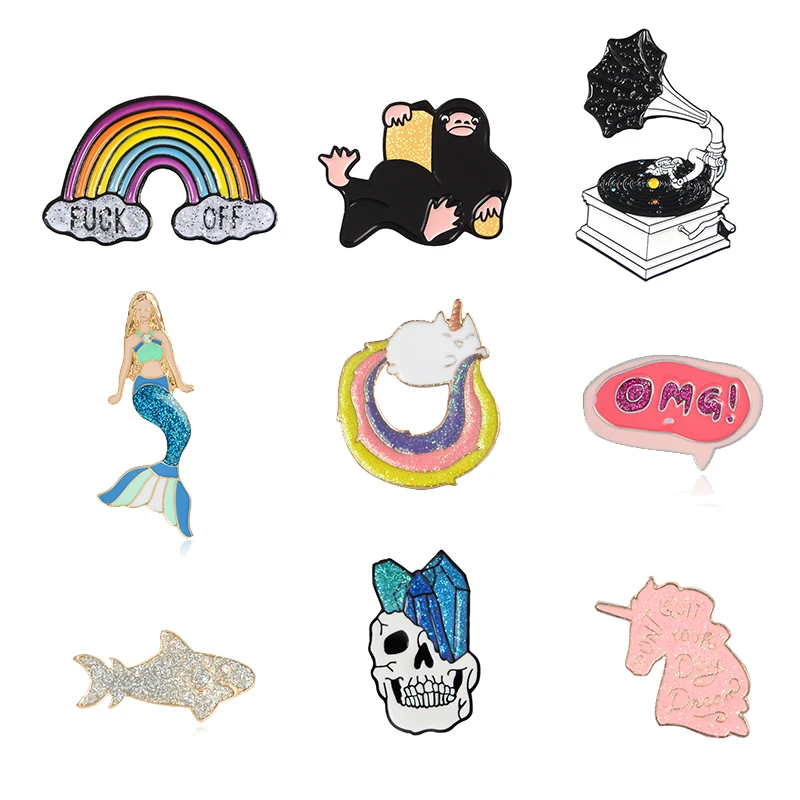 Buling Buling Glistening Enamel Pins Collentions Rainbow Mermaid Skull Skeleton Unicorn Gramophone Fish Brooches Lapel Pin