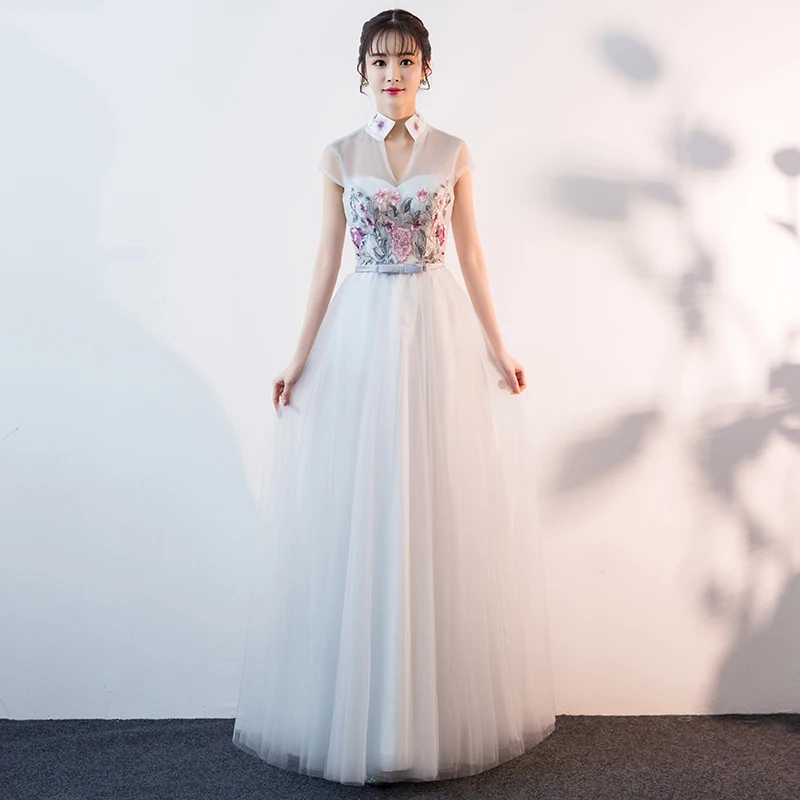 

Asian Bridesmaid Wedding Party Dress Female Vintage Mandarin Collar Cheongsam Traditional Embroidery Flower Chinese Qipao