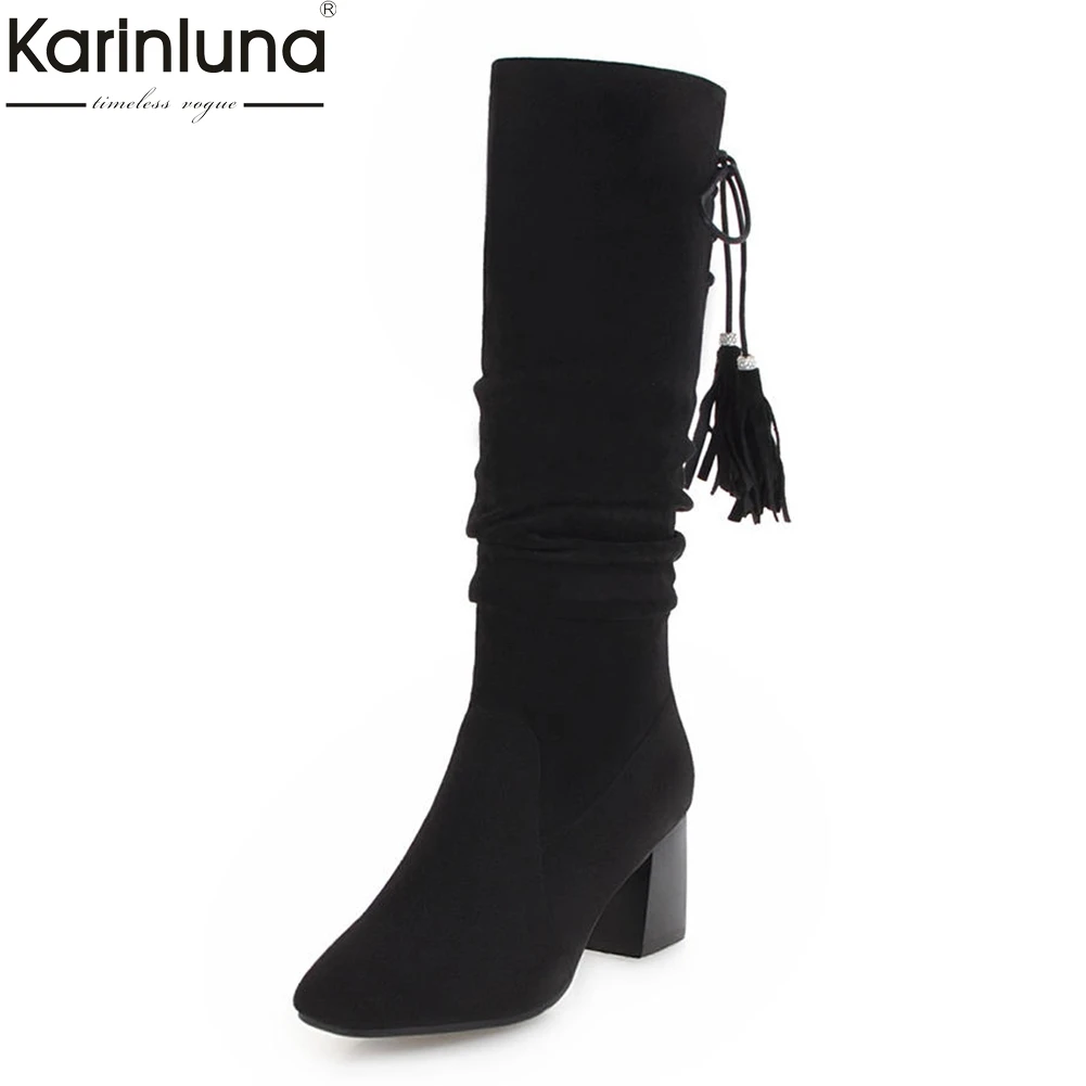 

KarinLuna Fringe Hot Sale Large Size 33-43 Slip On Elegant Shoes Woman Mid Calf Boots high Heels Warm Winter Boots Shoes female