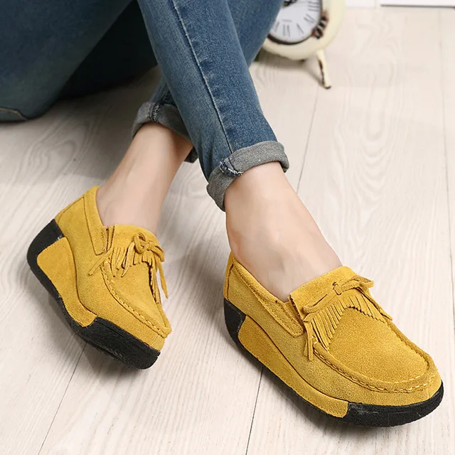 Spring Women Flats Shoes Platform Sneakers Shoes Leather Suede Fringe Loafers Slip On Flats Heel Creepers Ladies Shoes Moccasins - Цвет: Цвет: желтый