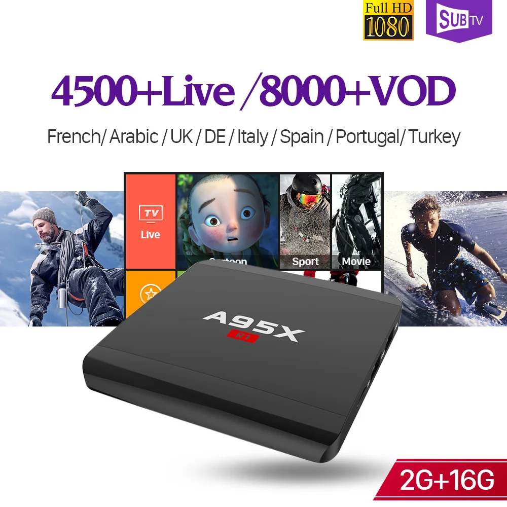 

SUBTV France 4k Receiver Box IPTV Code A95X R1 Android 7.1 S905W Quad Core 2G RAM+16G ROM Arabic Portugal Turkish IPTV Full HD