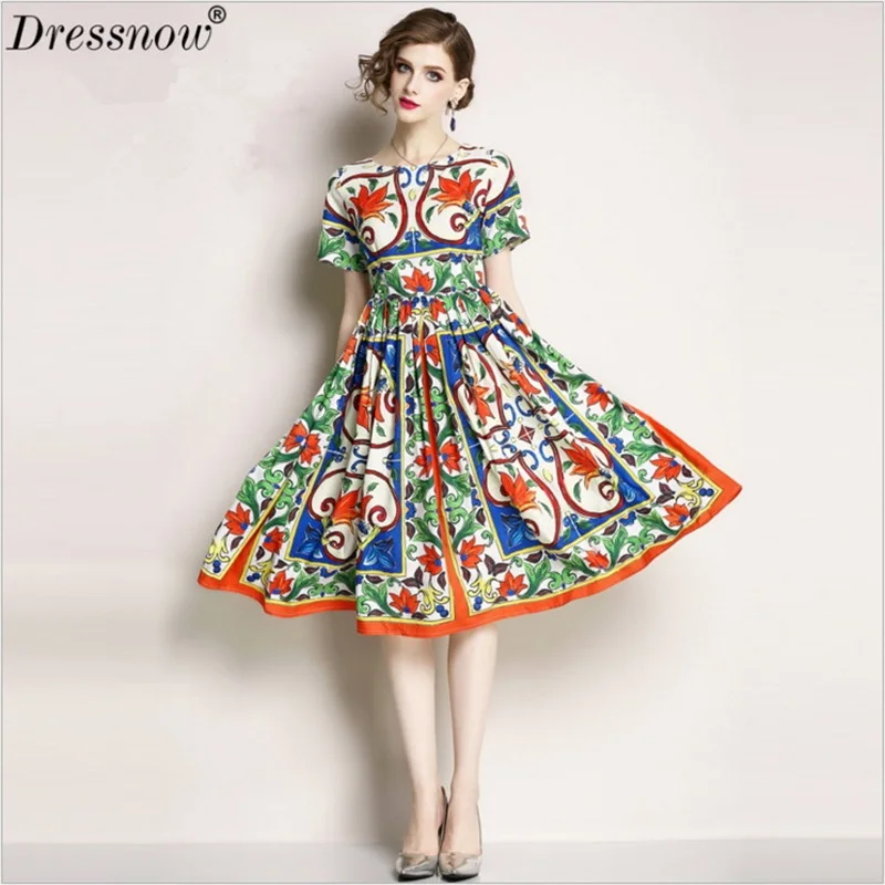 

Dressnow Women Runway Designer Dress Ladies Luxury Printed Short Sleeve Ball Gown Chiffon Dresses Elegant Party Knee Length