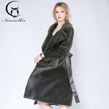 

Newowlbie Sheep Sheared leather With Fur Coat Windbreaker Style Coat Fashion Double Row Buckle With Belt Natural Fur