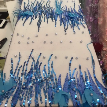 

latest sky blue french tulle nigerian laces fabrics high quality 3d flower fabric with beads for women wedding 5yard/lot HJ429-1