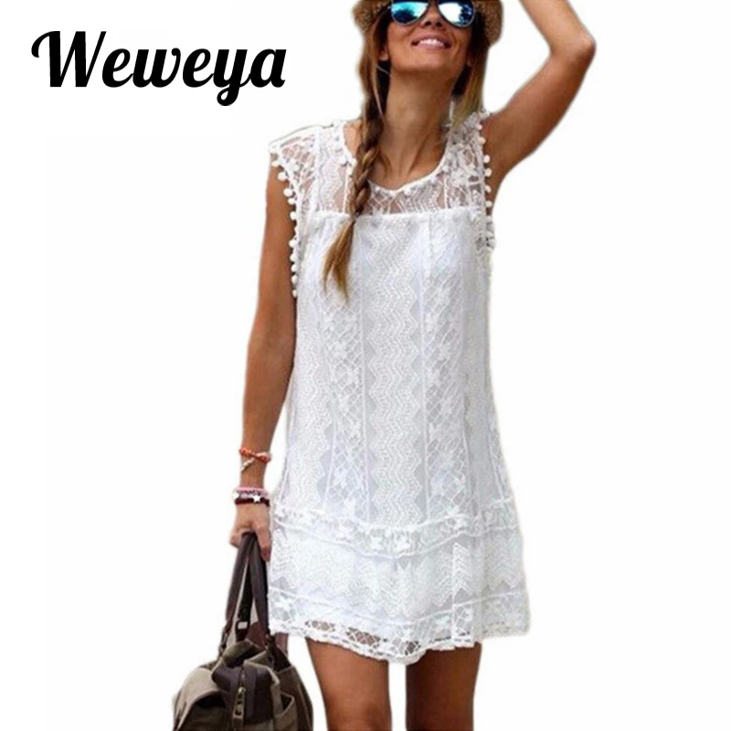 

Weweya New Women Summer Dress White Lace Dress O Neck Sleeveless Casual Midi Dresses Sundress Vestidos Mujer