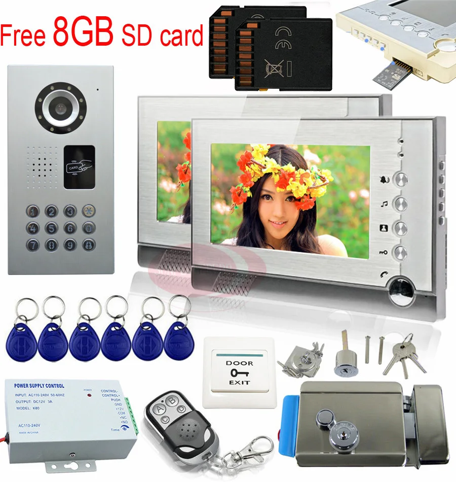 

Video phone intercom 7'' Color TFT monitor+8GB SD Card Video Intercom Video Recording Electronic Door Lock IP65 waterproof Kit