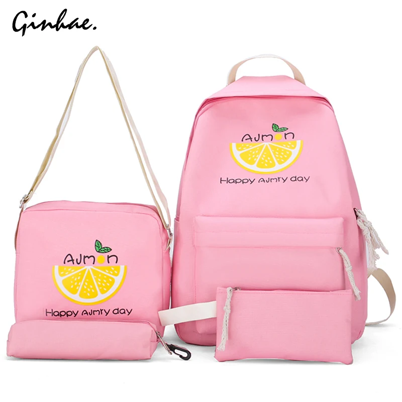 

Canvas Letter 4Pcs Set Backpack Women Preppy Style Cartoon Printing School Bag For Teenage Girls Travel Cute Lemon Shoulder Bags