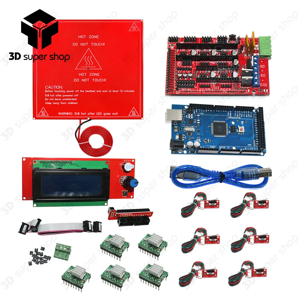 

3D Printer Kit Mega 2560 R3 + Red MK2B + RAMPS 1.4 Controller + LCD 2004 + 6x Limit Switch Endstop + 5x A4988 Driver