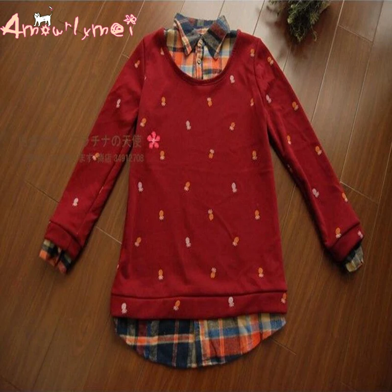 Осенние поддельные два пуловера женская блузка с длинным рукавом с принтом ананаса японский стиль Mori Girl рубашка размера плюс Топы M-4XL