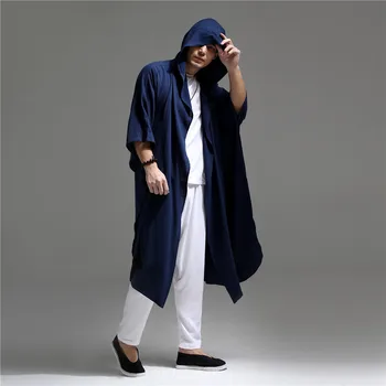

Spring Mens Cotton Linen Outerwear Hooded Trench Chinese Style Male Cardigan Long Windbreaker Fashion Male Hoody Cloak A60614