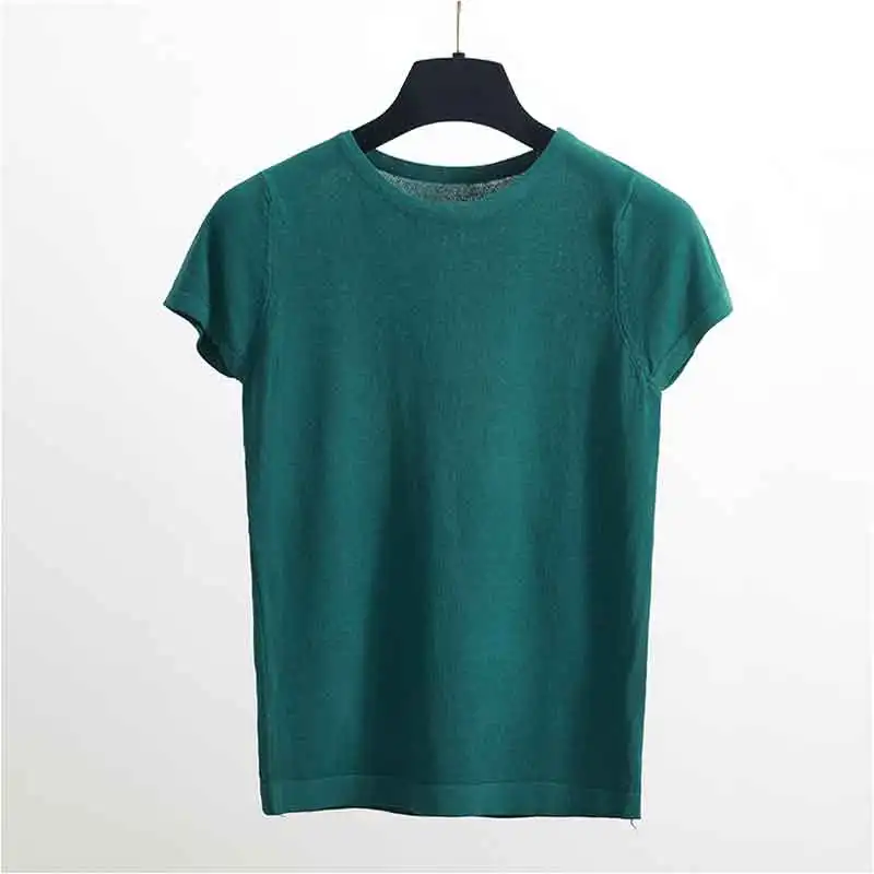 EZSSKJ, Базовая Трикотажная футболка, женская летняя футболка с коротким рукавом, высокая эластичность, женская футболка с круглым вырезом, повседневный однотонный укороченный топ - Цвет: Зеленый
