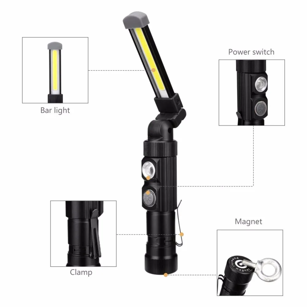 COB светодиодный светильник для осмотра, светильник-вспышка, складной вращающийся USB светильник-вспышка, фонарь с магнитным зажимом, встроенный аккумулятор