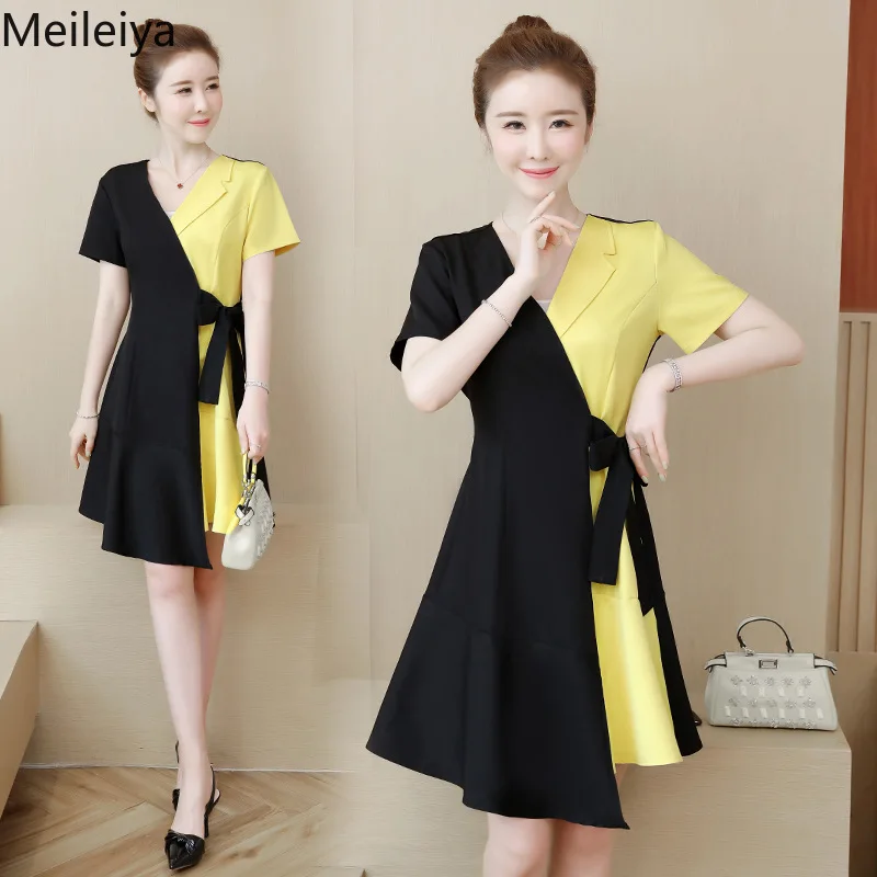 

Women's Color Matching Lace Net Red V-neck Dress 2019 Summer Fashion Was Thin and Fat Sister In The Collision Color Ageing Dress
