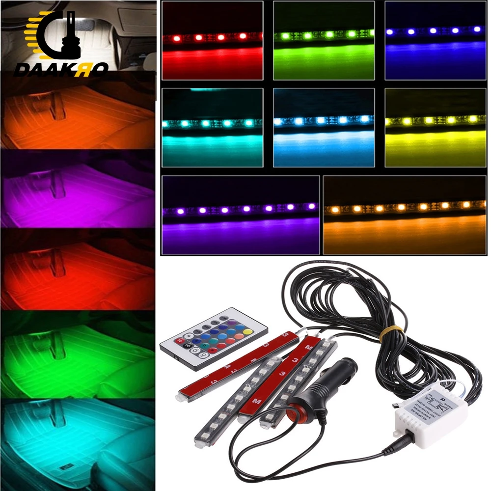  4pcs 5050 9 LED Remote Control Cigarette Lighter Colorful RGB Car Interior Floor Atmosphere Light S - 33018685103