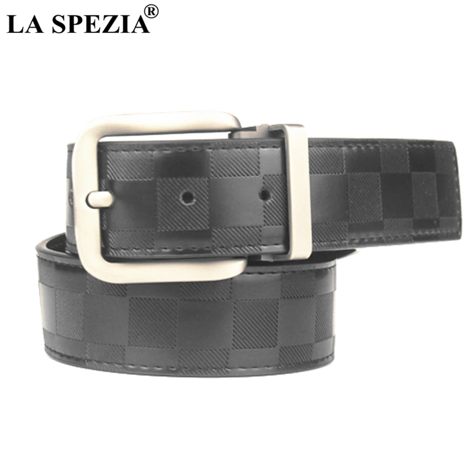 

LA SPEZIA Men Leather Belt Black Plaid Genuine Leather Belt Male Business Formal Retro Pin Buckle Men Suit Belt Leather Cowhide