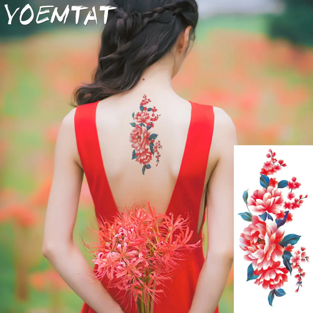 064 30 De Réductionrose Rose Fleurs De Cerisier Fleurs Bras épaule Tatouage Autocollants Flash Henné Tatouage Faux Imperméable Temporaire Tatouage