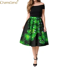 Chamsgend Модные Зеленые Юбки Высокая талия женские Клевер печатных клеш в складку миди юбка женская высокого качества материалы Jun11