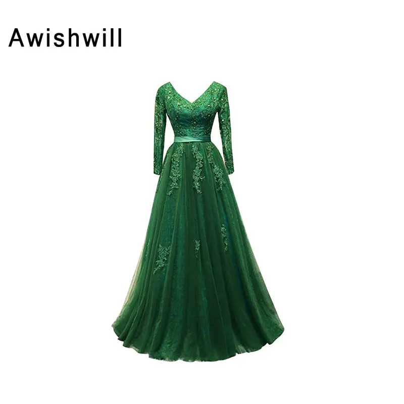 Vestido De Fiesta/Новинка года; кружевные апликации из тюля с v-образным вырезом; платья с длинными рукавами для матери невесты; вечерние платья с открытой спиной; большие размеры - Цвет: Зеленый