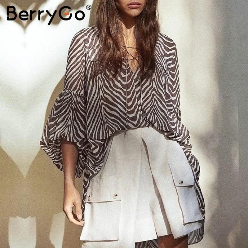  BerryGo Women blouse shirt Zebra stripe print summer blouse Bell long sleeve female top shirt Elega