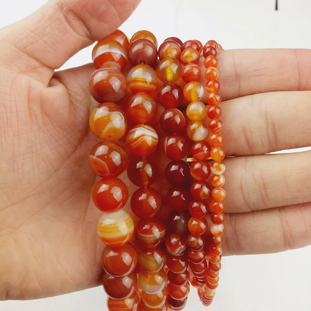 WLYeeS Natural Red Stripe banded carnelian Round Ball 4 6 8 10 12mm Loose beads for jewelry Bracelet earrings Pendant making DIY