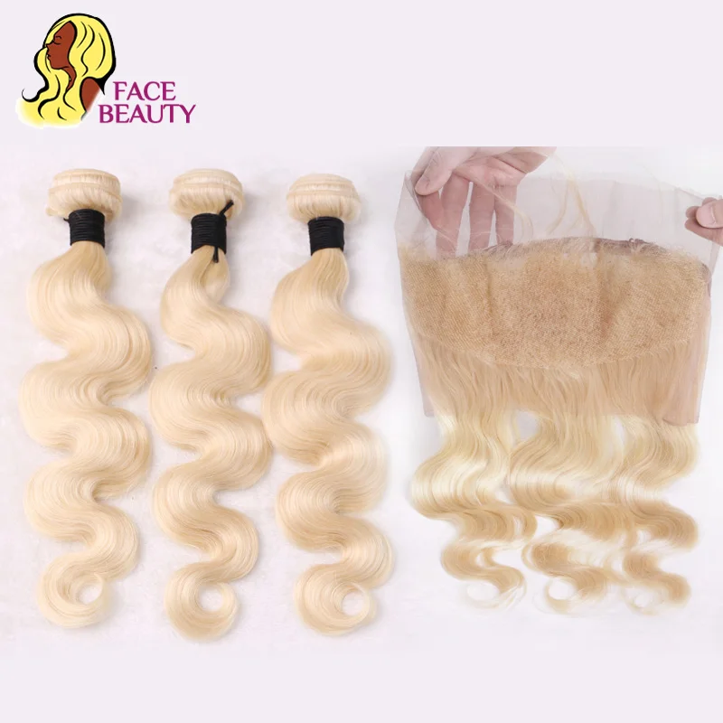 

Facebeauty 613 Honey Blonde Colored Brazilian Body Wave 2/3/4 Bundles with 360 Lace Frontal Piece Pre Plucked Remy Human Hair