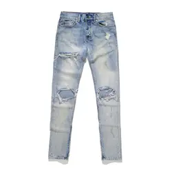 Высокое качество 2017 мода мужские джинсы полной длины Штаны лодыжки молния холодный синий Jogger повреждения рок-звезда Повседневное Ruched