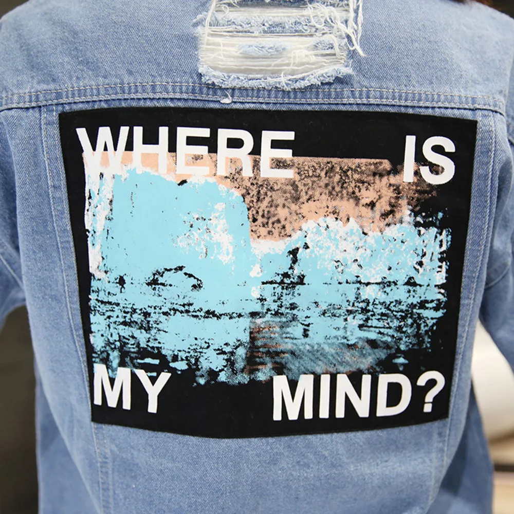 New  Ripped Denim jacket for women Where is my mind Korea retro embroidery letter patch bomber jacket Bl