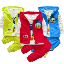 Костюм для девочек, весенний комплект одежды с Дональдом Даком для девочек, жилет с капюшоном+ рубашка с длинными рукавами+ штаны, комплект из 3 предметов для маленьких девочек