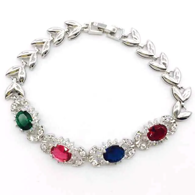 

Precious Multicolor White color Sterling Silver Overlay Link Chain Bracelet 8 inch 18cm Free Shipping