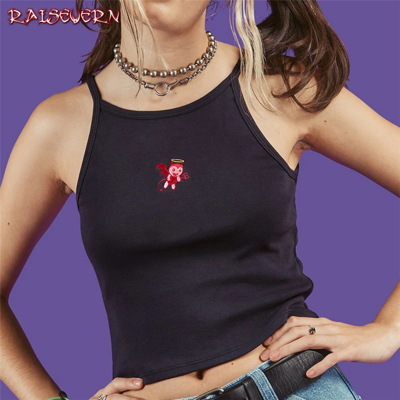 

RAISEVERN Women 3D Little Devil Tank Top Fashion Women Sexy Black Tank Top Vest Off Shoulder Halter 2019