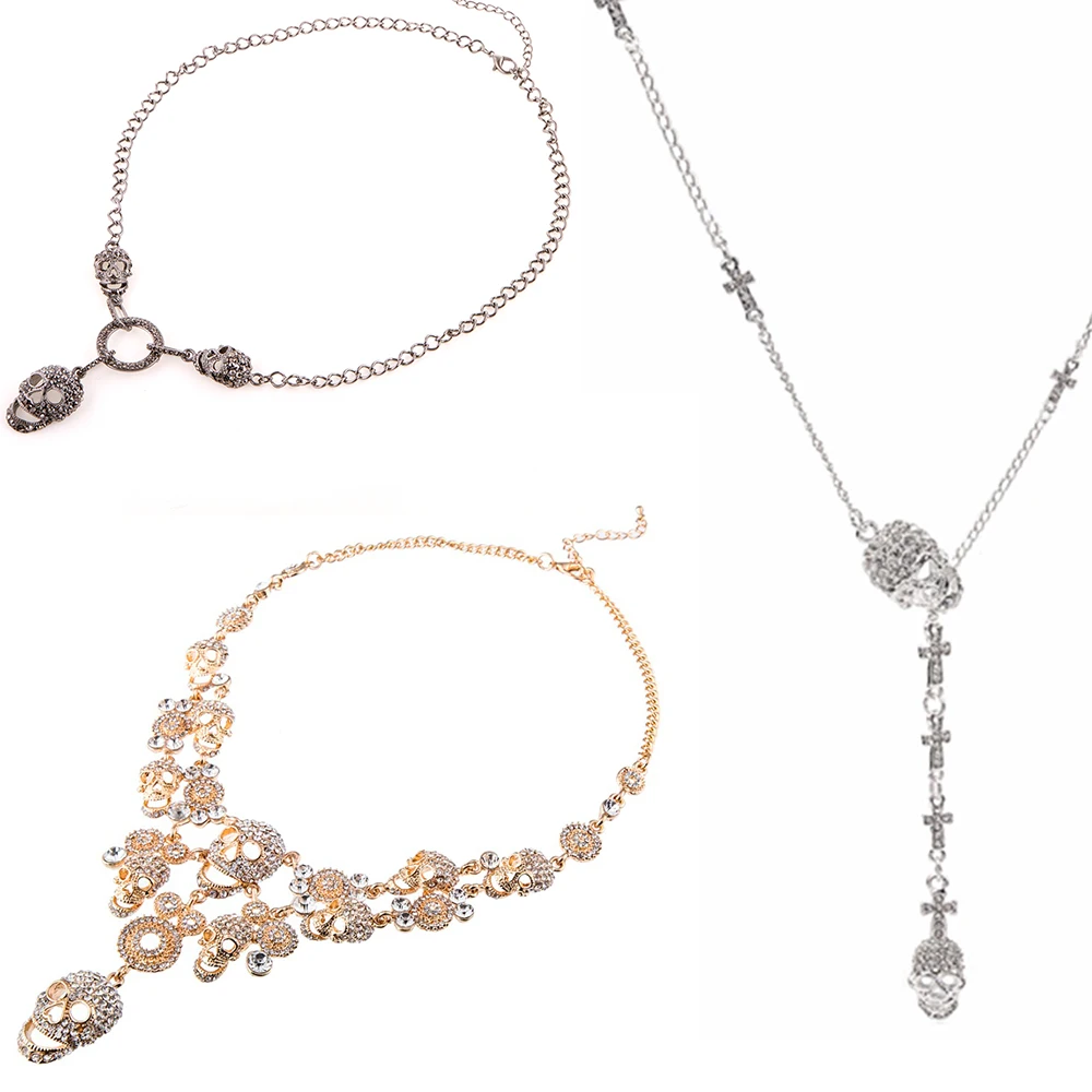 

SEDEX Metal Skull Pendant Crystal Chokers Skeleton Necklaces for Women's Fashion Vintage Imported Female Accessory