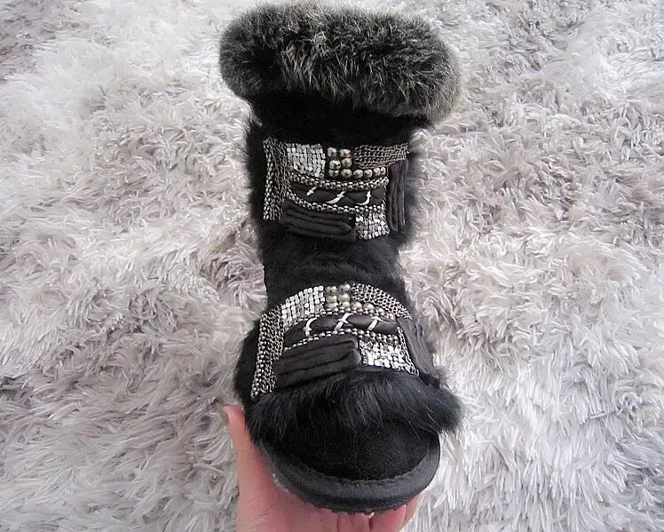 

Tide brand autumn and winter furry shoes leather rhinestones handmade beads nails rabbit fur snow boots cotton shoes boots