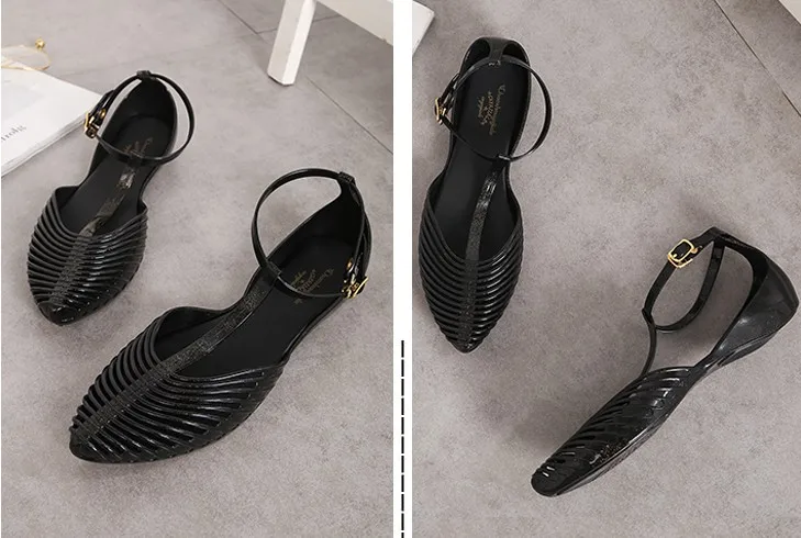 Maggie's Walker/пляжная обувь; женские прозрачные сандалии с острым носком; летние модные блестящие шлепанцы на плоской подошве из смолы; размеры 36-40 - Цвет: Черный