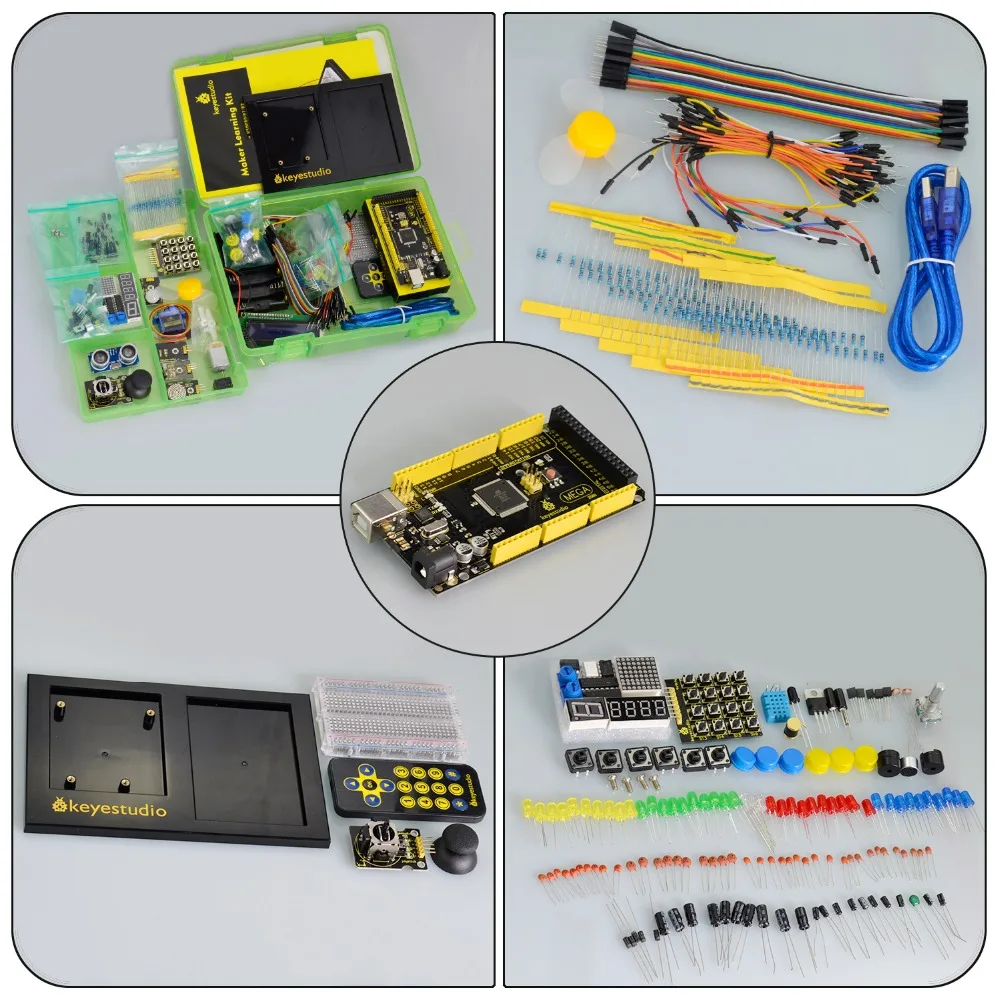 Beli Keyestudio Pembuat Starter Kit (Mega 2560 R3) untuk Proyek Arduino W Kotak Hadiah + Pengguna Manual + 1602LCD + Chassis + PDF (Online) + 35 Proyek Video