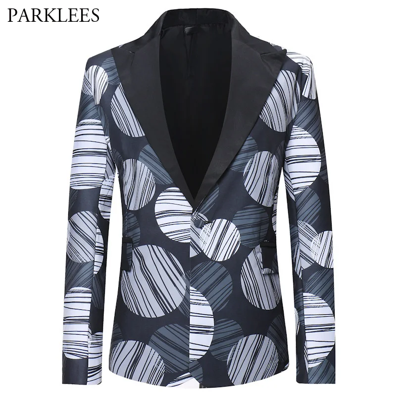 

Abstract Circle Print Suit Blazer Men 2018 Autumn New Single Breasted One Button Wedding Blazer Men Stage Singer Costume Homme