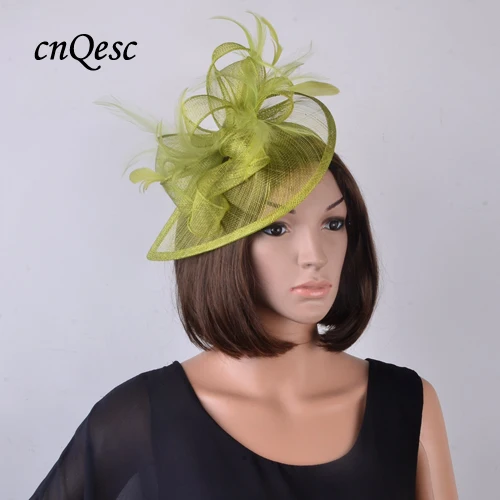 LIME GREEN Салатовый зеленый оливковый горячий головной убор Sinamay свадьба, Кентукки Дерби, Ascot рас, шляпка для церкви с перьями на атласные головные ободки повязки - Цвет: LIME GREEN