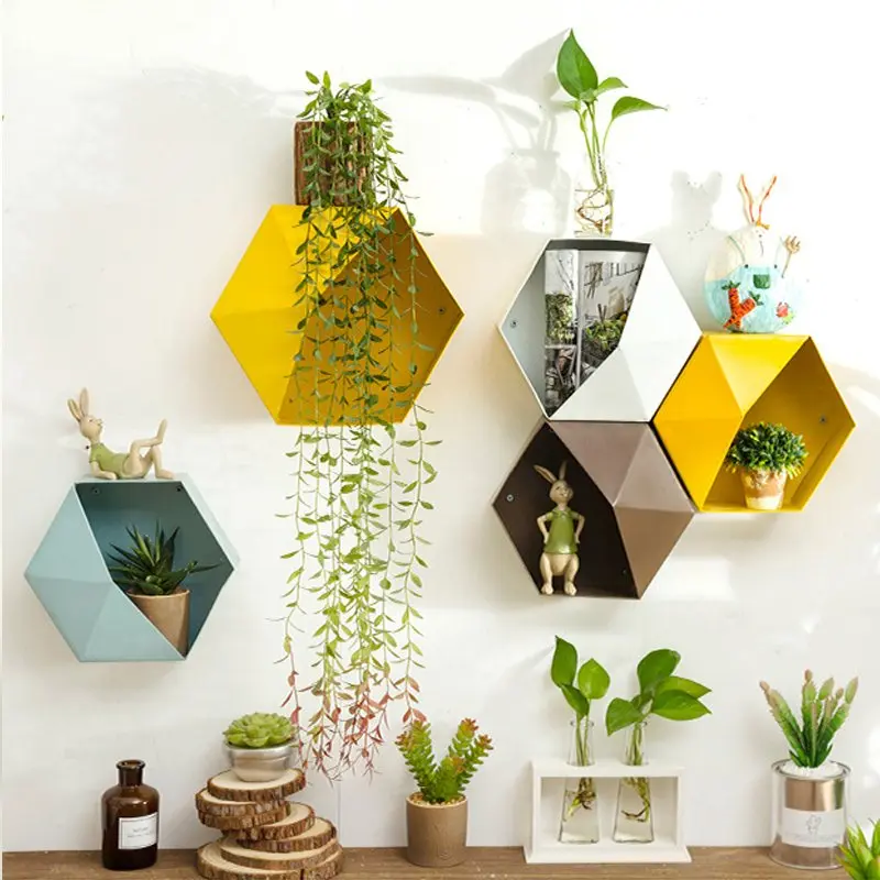 

Personality Hexagon Wall Decorations Rack Living Room Wrought Iron Hexagonal Hanging Shelf Creative Sundry Storage Decoration