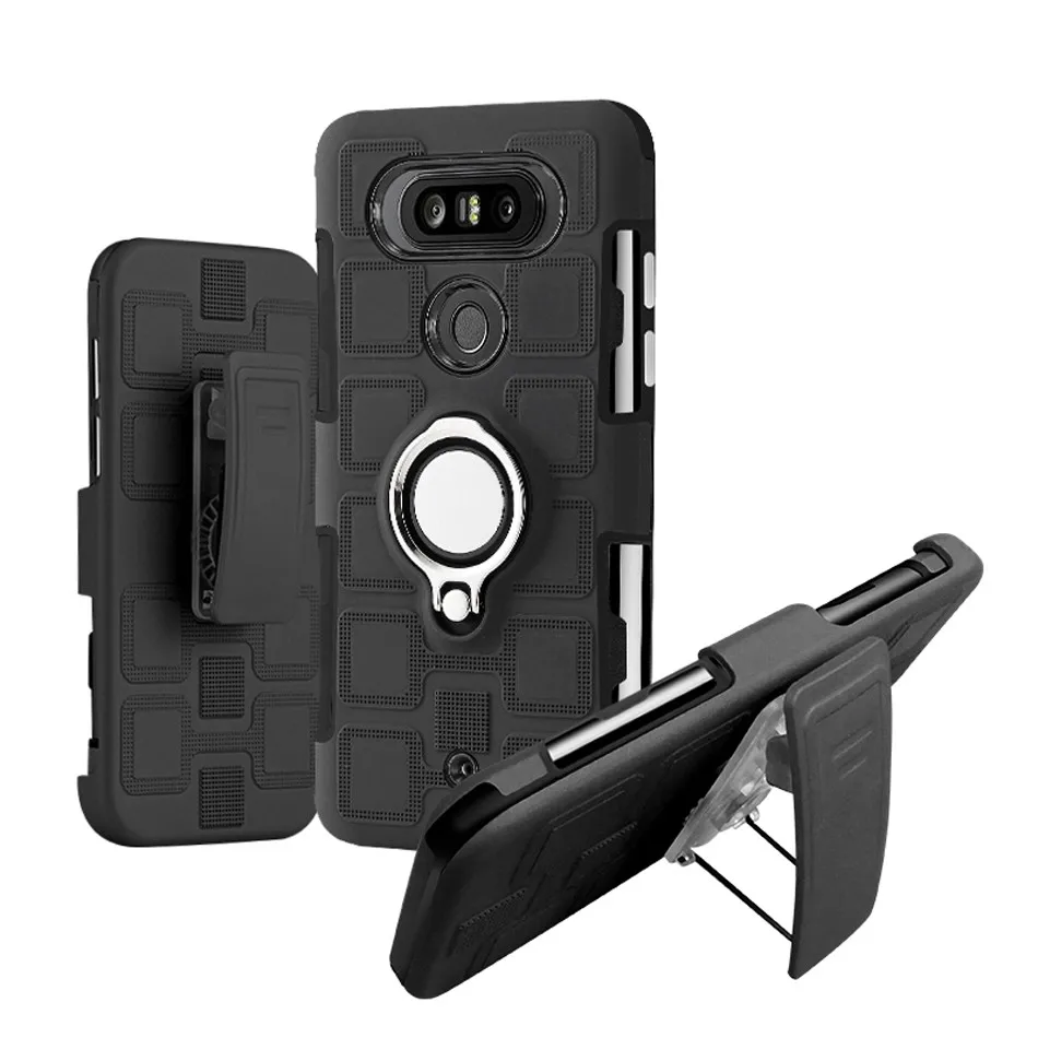 

Heavy Duty Armor Back Cover Case for LG Q8 H970 Q6 Q6+ Q6 Mini Stylo4 Qstylus Q7 / Q7+ with Metal Finger Ring and Belt Clip Case