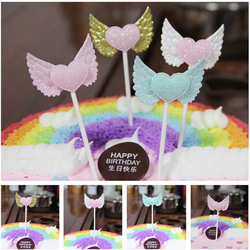 

5pcs Lovely Heart Angel Wings Cake Topper Birthday Party Decorations Kids Cupcake Flag Baby Shower Wedding Party DIY Decorations