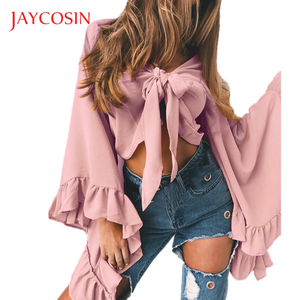 

Jaycosin Clothes Strap Bawting Women Polyester Blouse Tops Girls Lady Spring Summer Long Sleeve V Neck Beach Solid Blouse Tops
