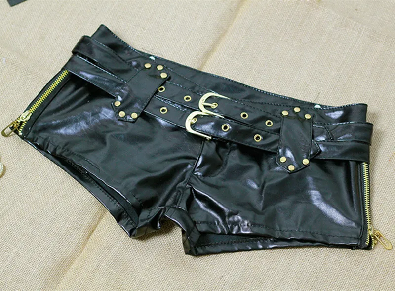 Черный Шорты женские сексуальные пояса с низкой талией PU Pantalones cortos S-L карманы Тощий молния боковое Сращивание женские короткие - Цвет: Черный