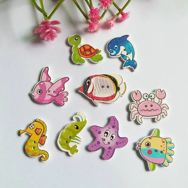 50Pcs Random Mixed Marine Animal Series Buttons 2 Holes Sewing Wooden Buttons Scrapbooking Craft DIY Decorative Buttons