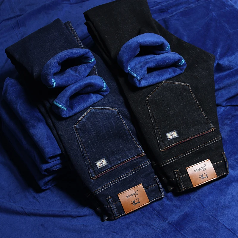 2018 Mens Winter Blue Fleece Jeans Lined Stretch Warm Designer Black Casual Trousers Male Pants Plus size 42 | Мужская одежда